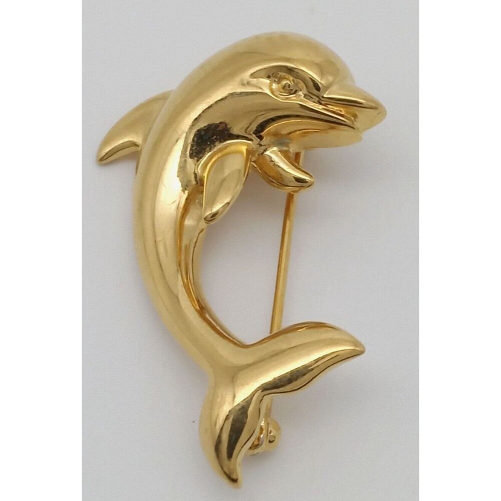Dolphin Brooch Pin Jumping Signed Napier Gold Tone Metal Shiny Vintage Estate